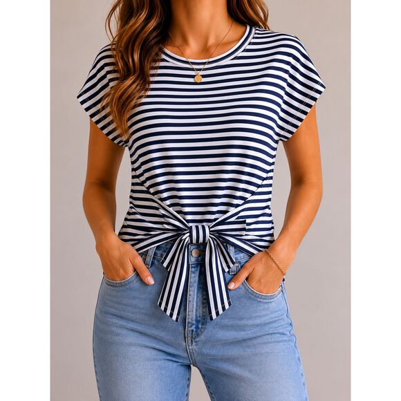 Express Tops - Express Black White Striped Tie Front Top M Nautical Parisian Office Stretch Tee